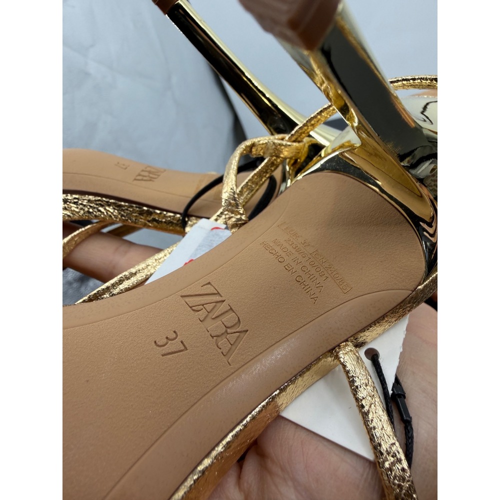 Zara metallic cover front strappy sandals heels gold High Heel 37 6.5 Square Toe - Picture 10 of 10